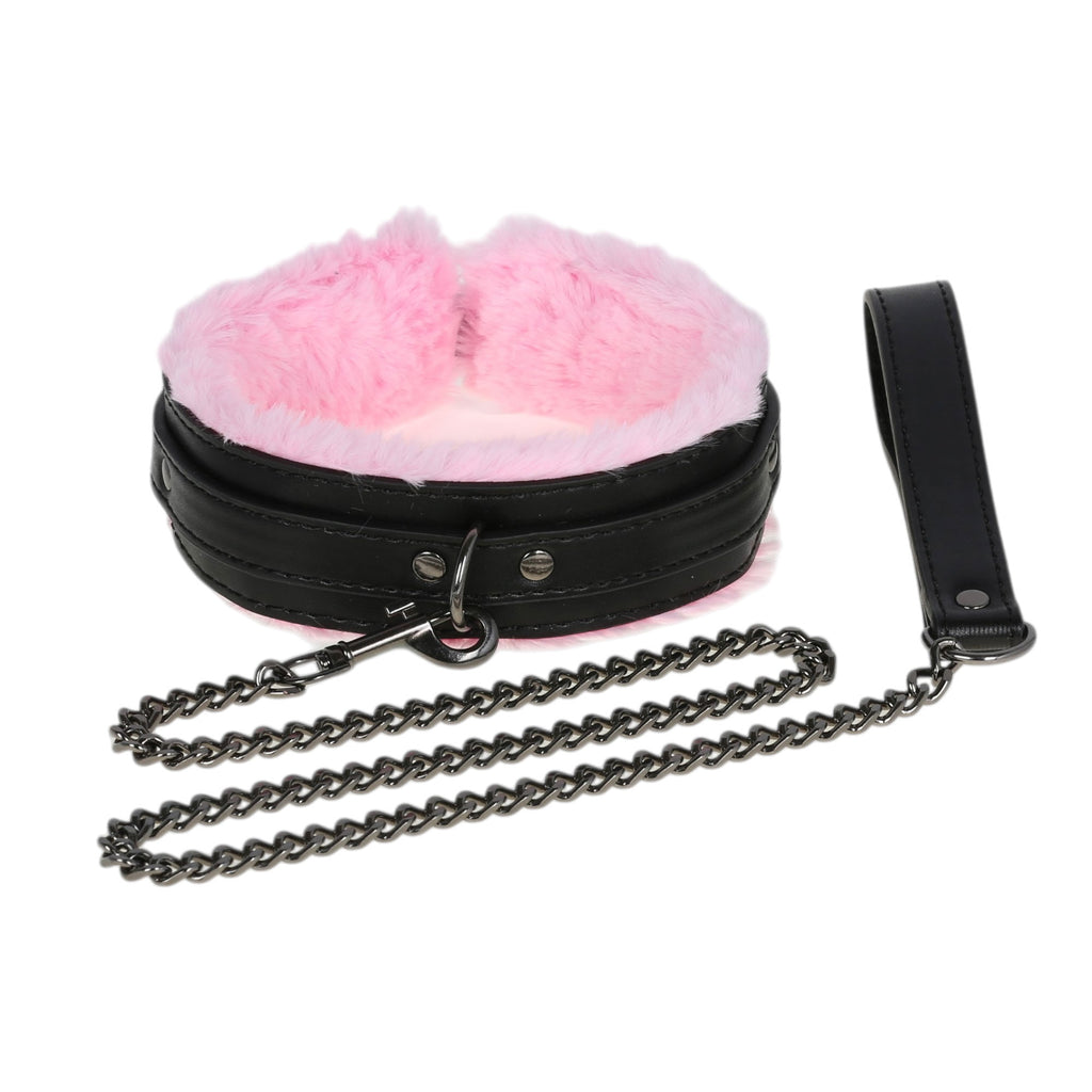 Black & Pink Fluffy Collar & Chain Leash by Fetish Pleasure Play