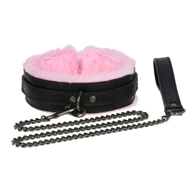 Black & Pink Fluffy Collar & Chain Leash by Fetish Pleasure Play