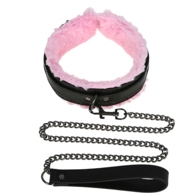 Black & Pink Fluffy Collar & Chain Leash by Fetish Pleasure Play