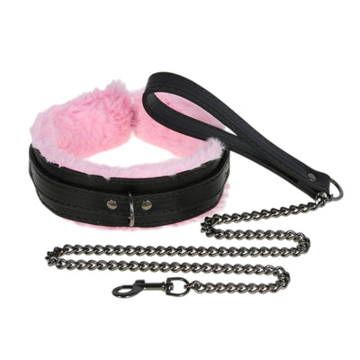 Black & Pink Fluffy Collar & Chain Leash by Fetish Pleasure Play