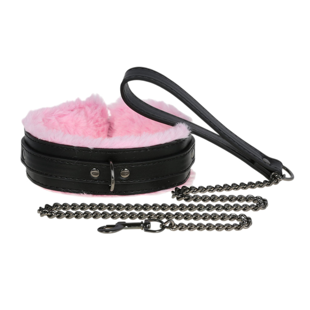 Black & Pink Fluffy Collar & Chain Leash by Fetish Pleasure Play