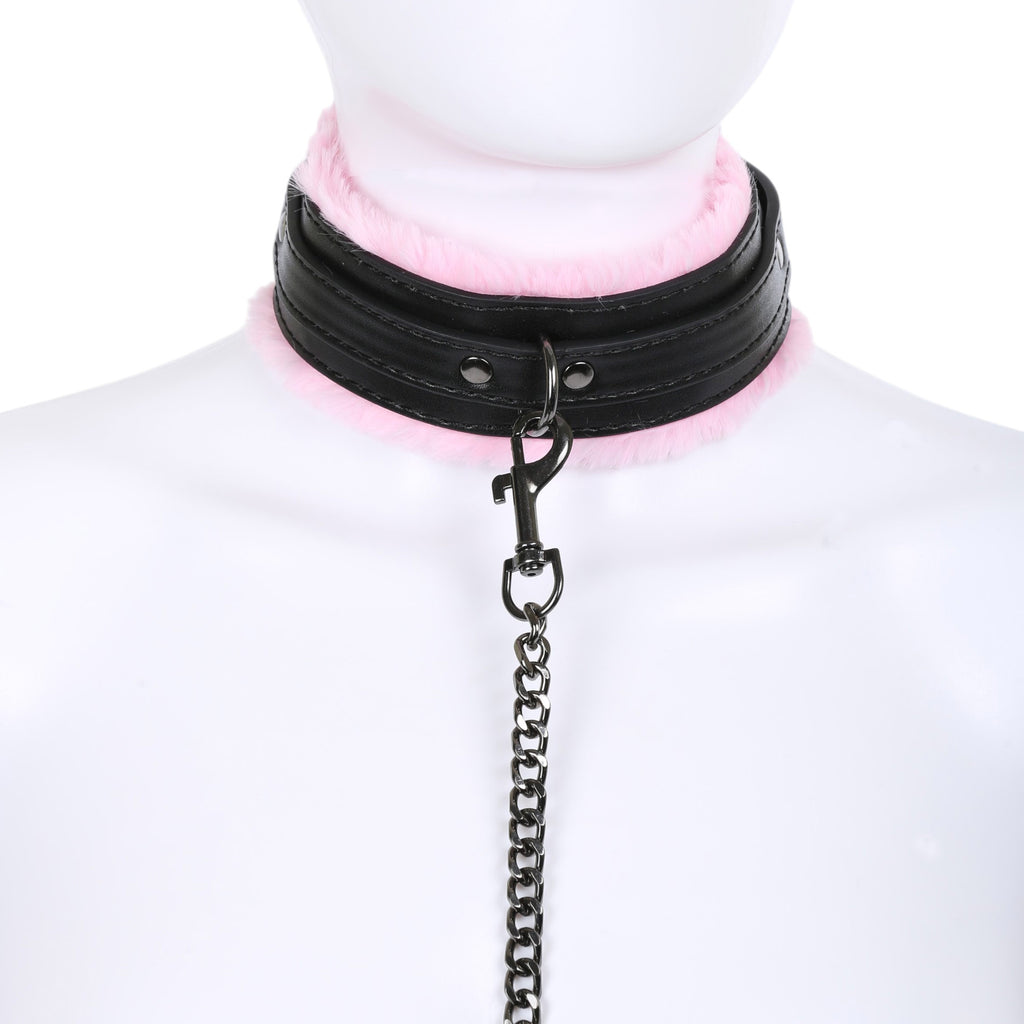 Black & Pink Fluffy Collar & Chain Leash by Fetish Pleasure Play