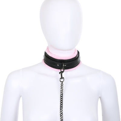 Black & Pink Fluffy Collar & Chain Leash by Fetish Pleasure Play