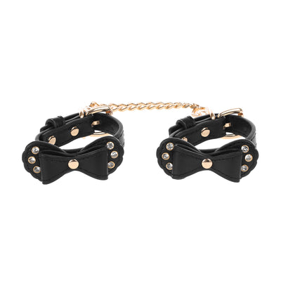 Black Bow Vegan Leather Wrist Cuffs with Crystals by Fetish Pleasure Play