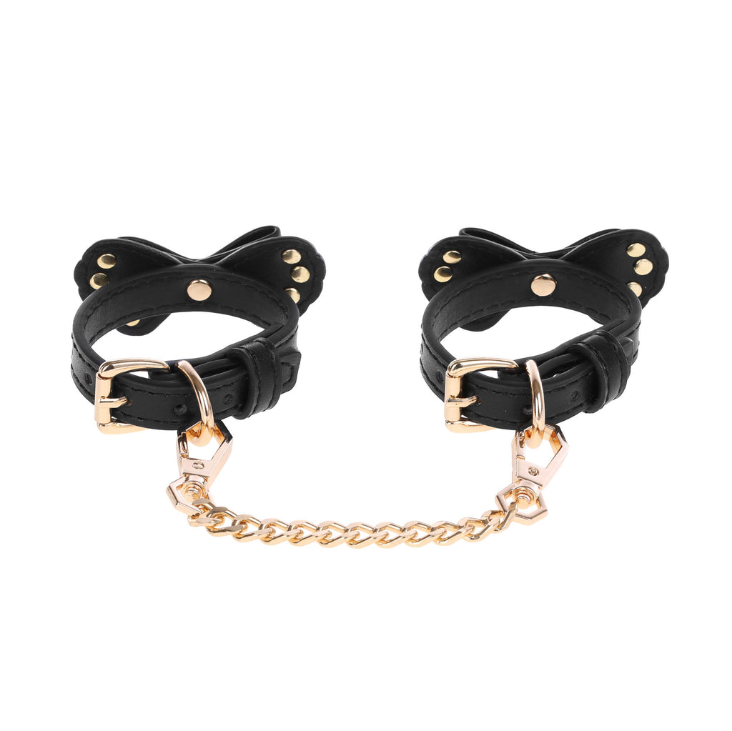 Black Bow Vegan Leather Wrist Cuffs with Crystals by Fetish Pleasure Play