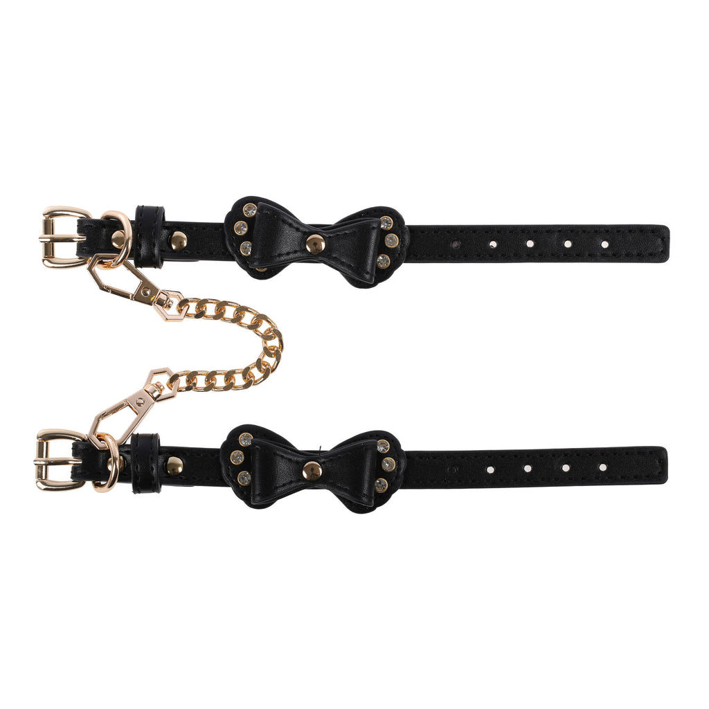 Black Bow Vegan Leather Wrist Cuffs with Crystals by Fetish Pleasure Play