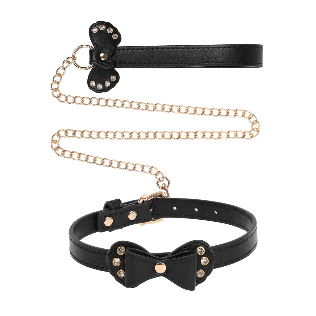 Black Bow Vegan Leather Collar & Leash with Crystals by Fetish Pleasure Play