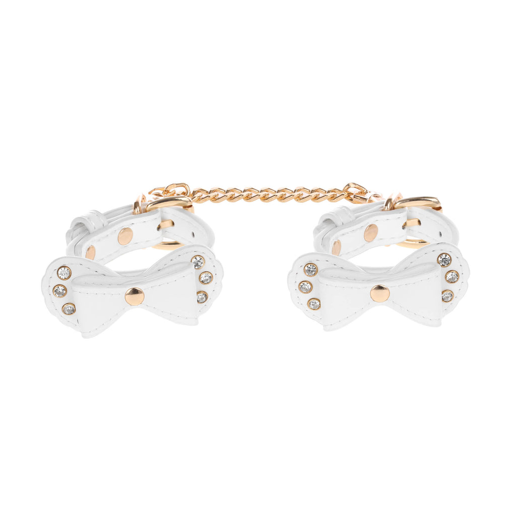 White Bow Vegan Leather Wrist Cuffs with Crystals by Fetish Pleasure Play