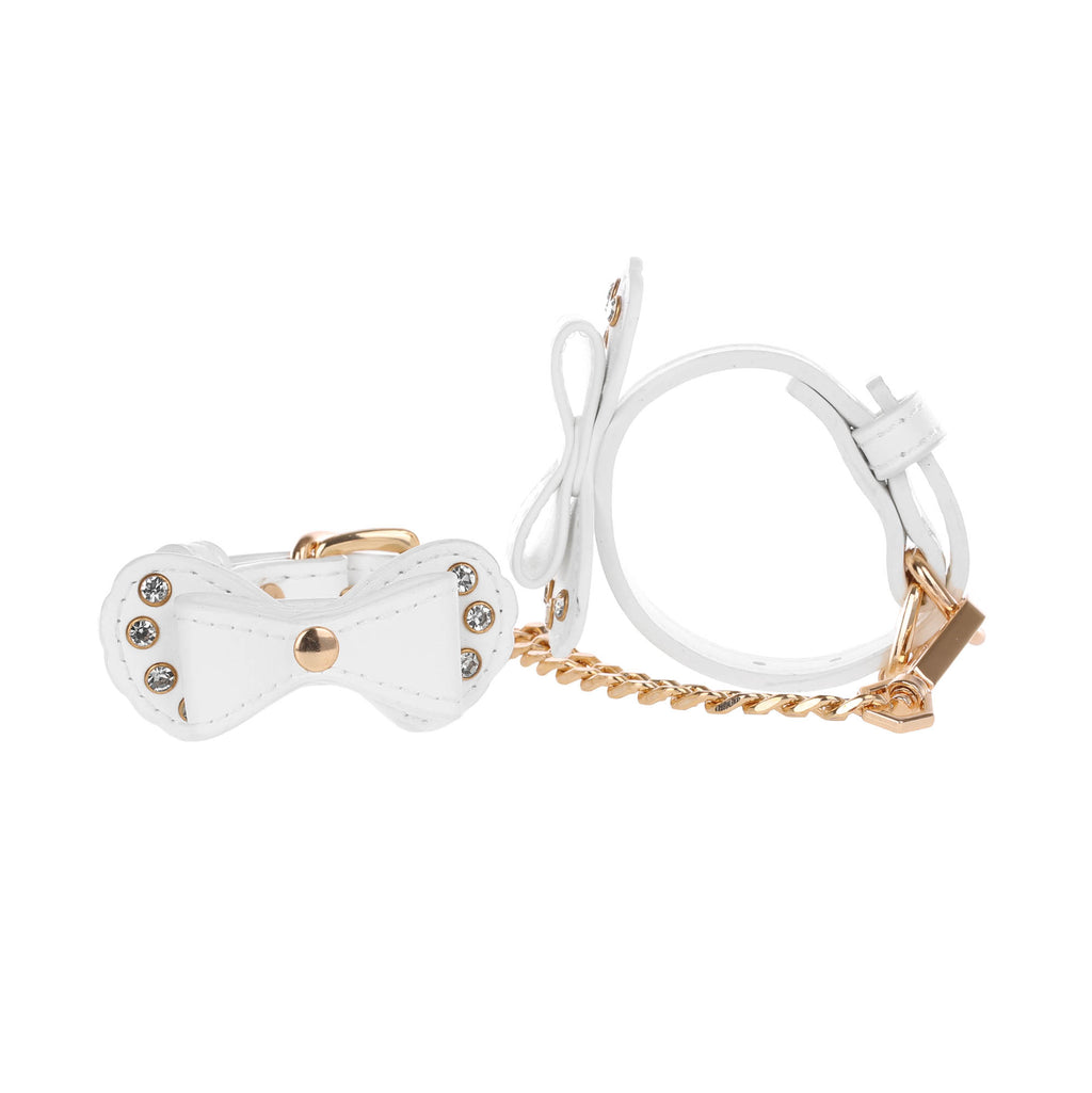 White Bow Vegan Leather Wrist Cuffs with Crystals by Fetish Pleasure Play