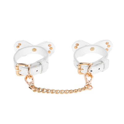 White Bow Vegan Leather Wrist Cuffs with Crystals by Fetish Pleasure Play
