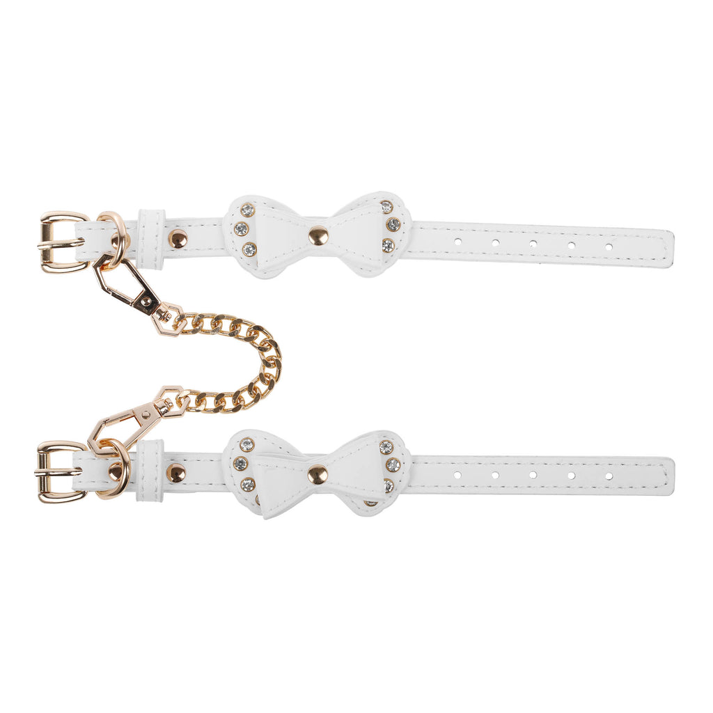 White Bow Vegan Leather Wrist Cuffs with Crystals by Fetish Pleasure Play