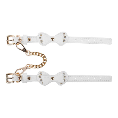 White Bow Vegan Leather Wrist Cuffs with Crystals by Fetish Pleasure Play