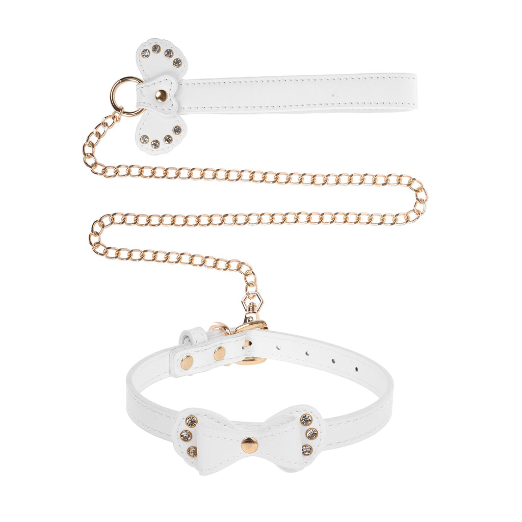 White Bow Vegan Leather Collar & Leash with Crystals by Fetish Pleasure Play