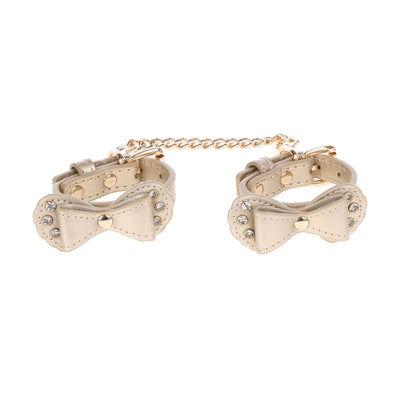 Gold Bow Vegan Leather Wrist Cuffs with Crystals by Fetish Pleasure Play