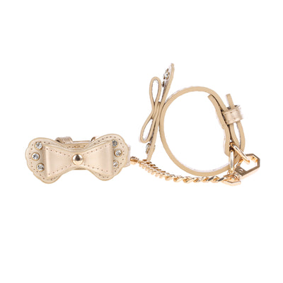 Gold Bow Vegan Leather Wrist Cuffs with Crystals by Fetish Pleasure Play