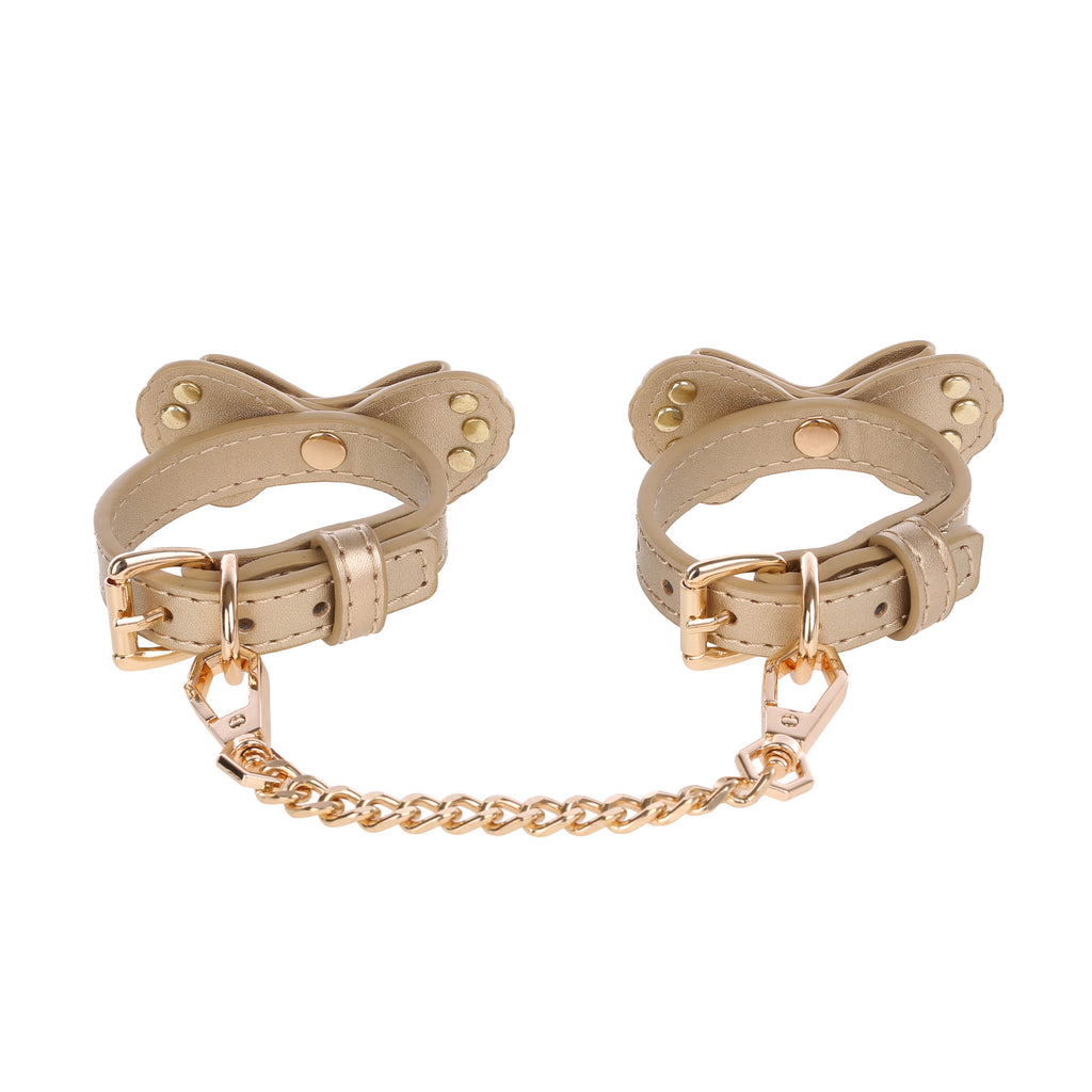 Gold Bow Vegan Leather Wrist Cuffs with Crystals by Fetish Pleasure Play