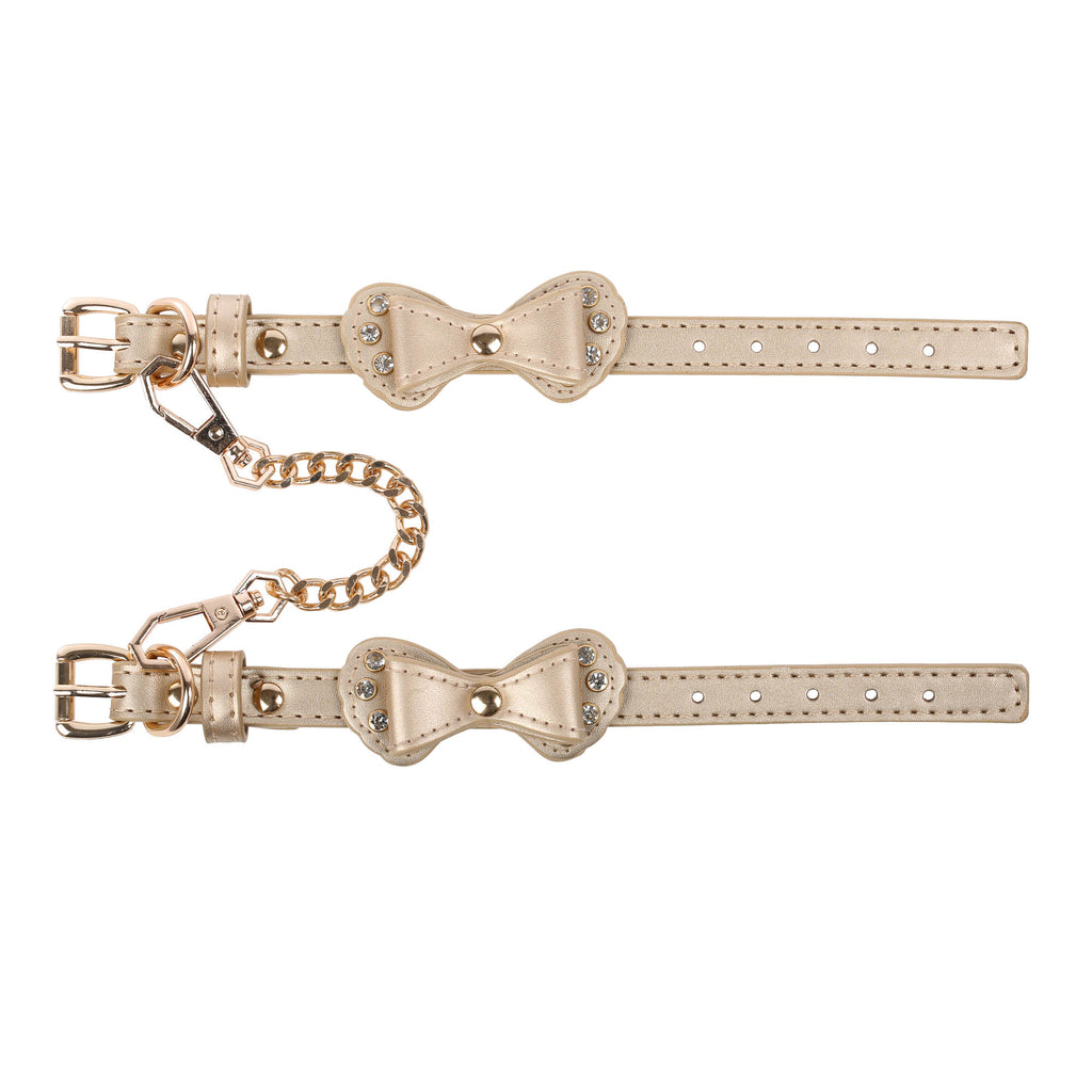 Gold Bow Vegan Leather Wrist Cuffs with Crystals by Fetish Pleasure Play