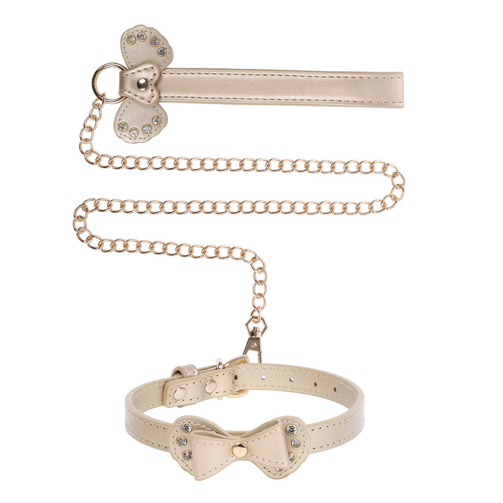 Gold Bow Vegan Leather Collar & Leash with Crystals by Fetish Pleasure Play