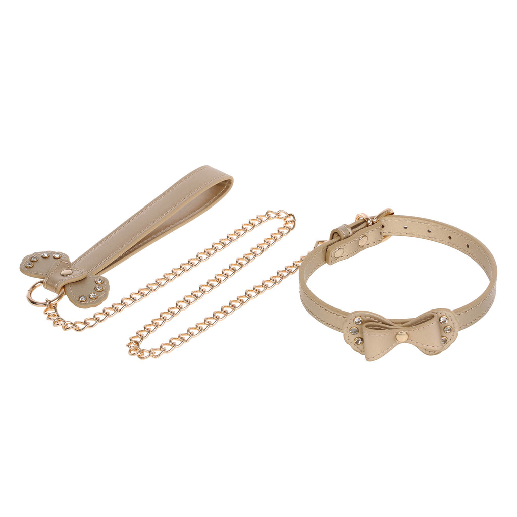 Gold Bow Vegan Leather Collar & Leash with Crystals by Fetish Pleasure Play