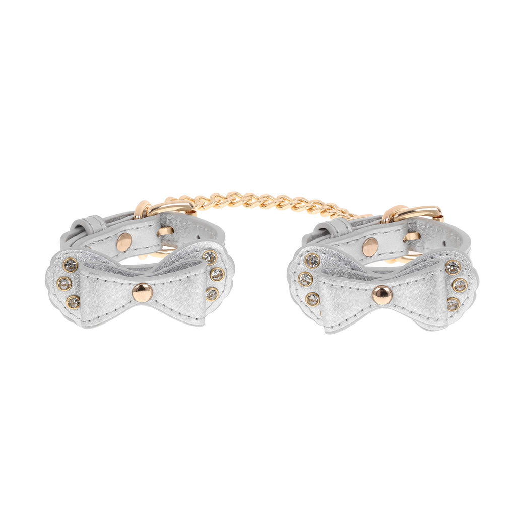 Silver Bow Vegan Leather Wrist Cuffs with Crystals by Fetish Pleasure Play
