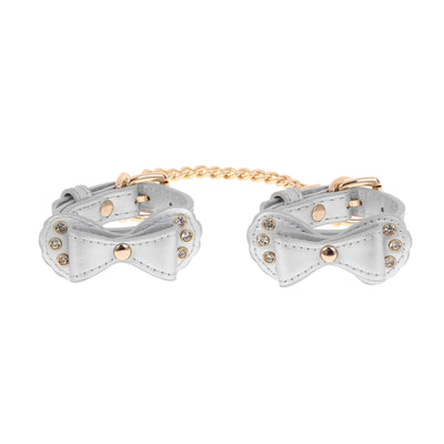Silver Bow Vegan Leather Wrist Cuffs with Crystals by Fetish Pleasure Play