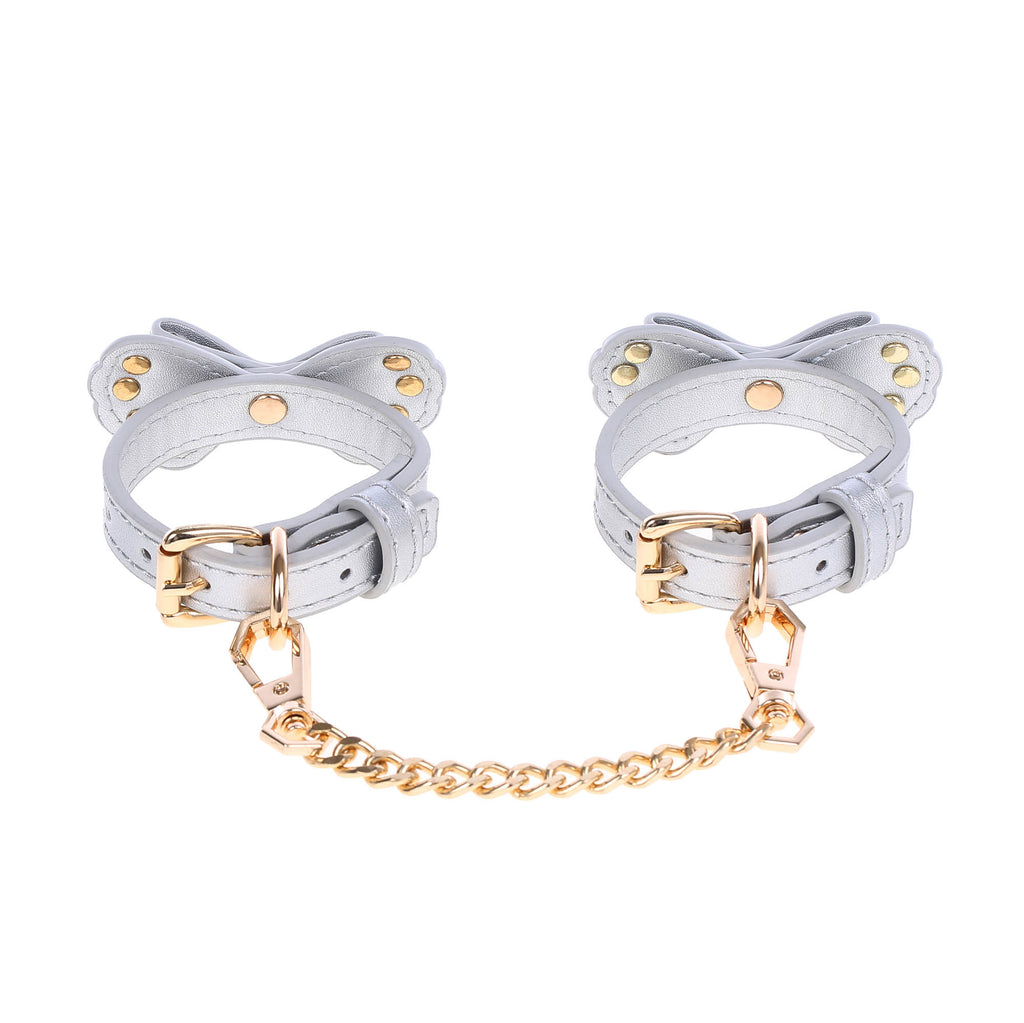 Silver Bow Vegan Leather Wrist Cuffs with Crystals by Fetish Pleasure Play