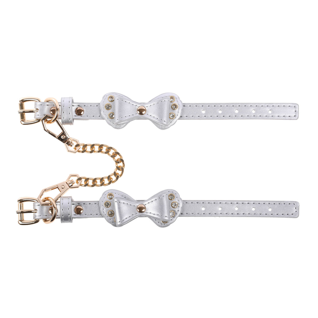 Silver Bow Vegan Leather Wrist Cuffs with Crystals by Fetish Pleasure Play