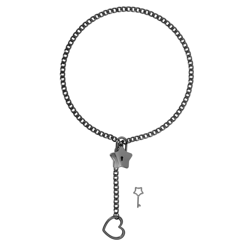 Black Star Lock Chain Choker Day Collar with Heart by LoveLinks