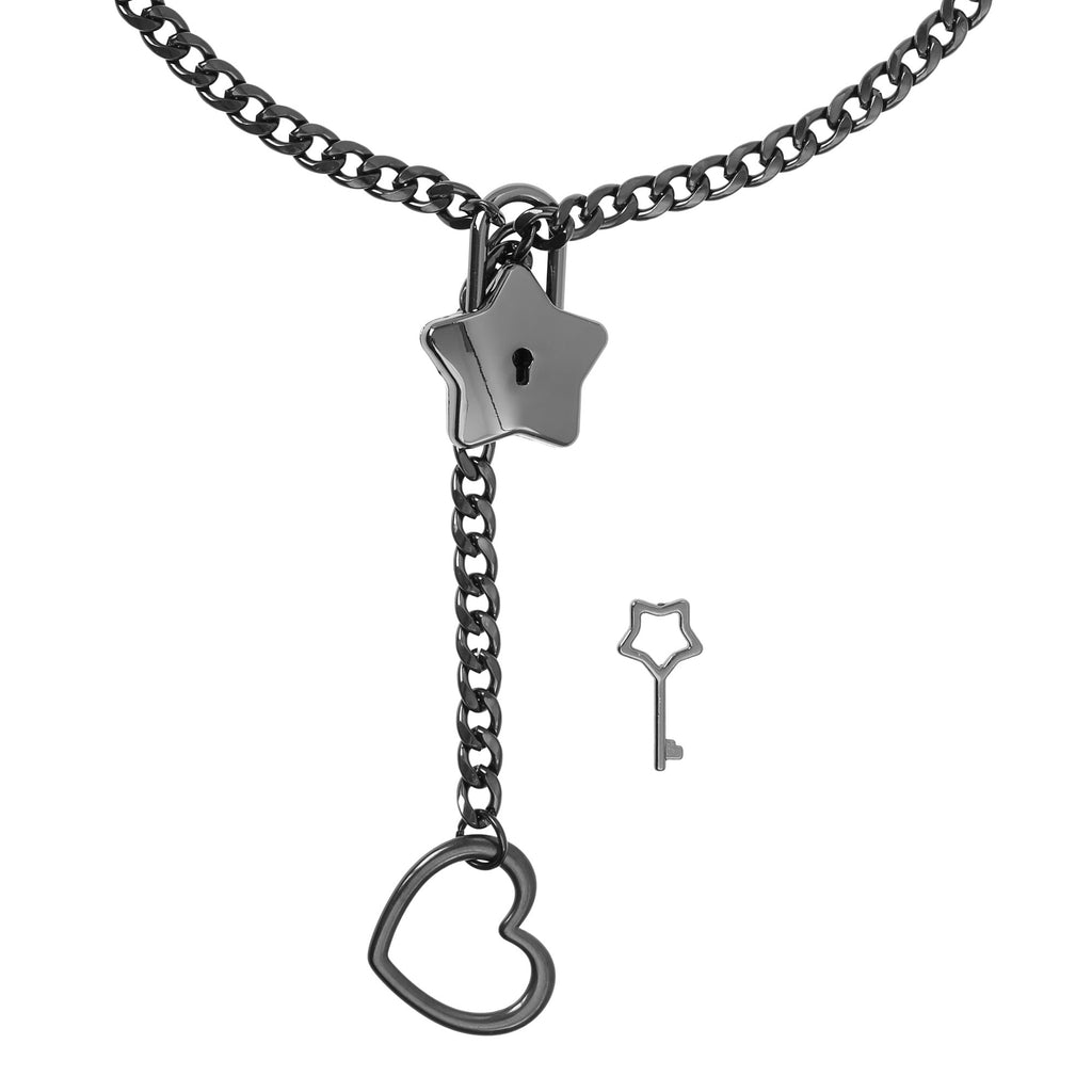 Black Star Lock Chain Choker Day Collar with Heart by LoveLinks