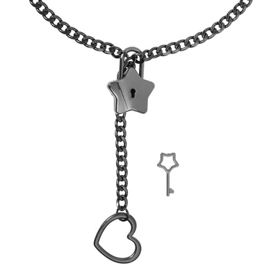 Black Star Lock Chain Choker Day Collar with Heart by LoveLinks