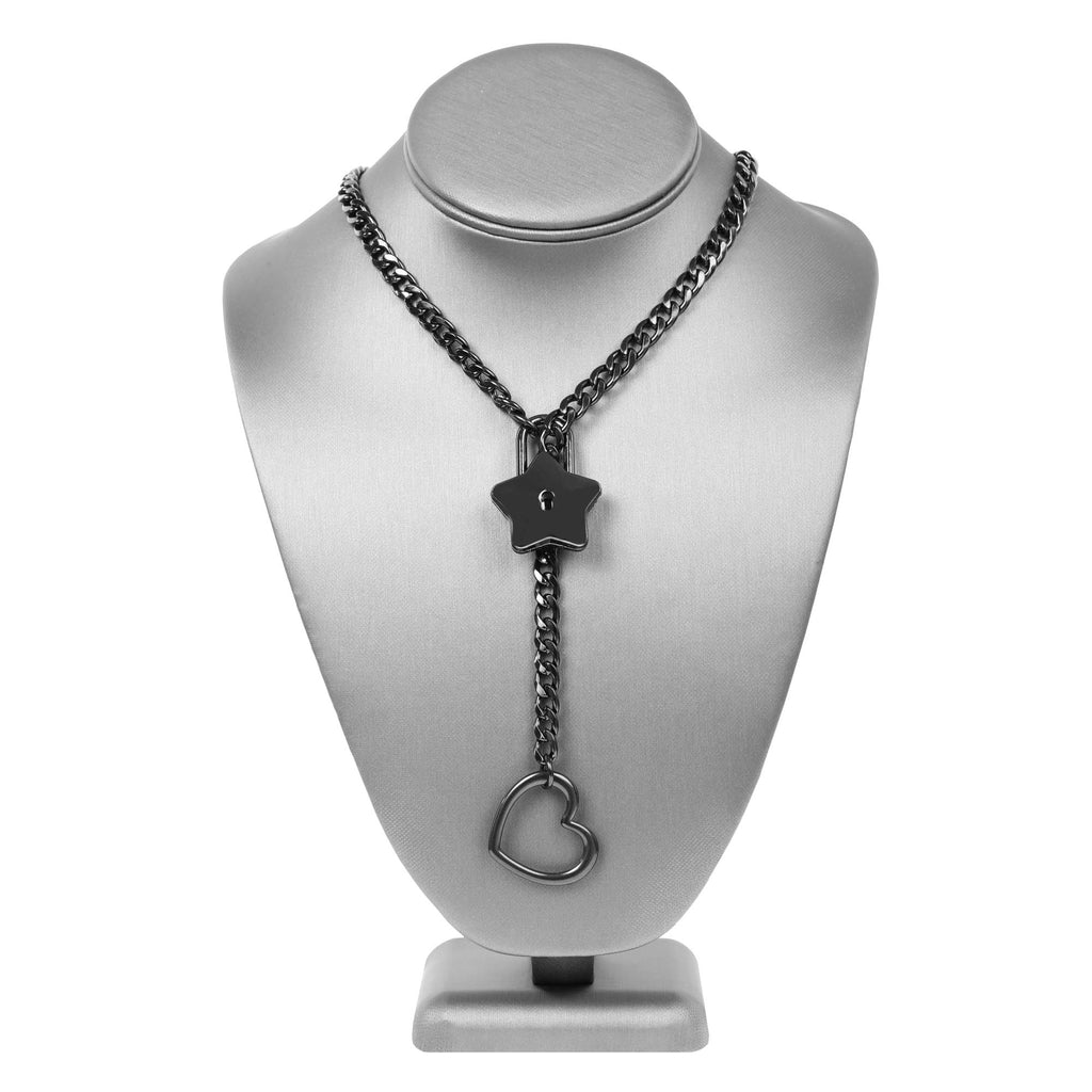 Black Star Lock Chain Choker Day Collar with Heart by LoveLinks