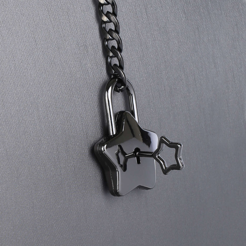 Black Star Lock Chain Choker Day Collar with Heart by LoveLinks