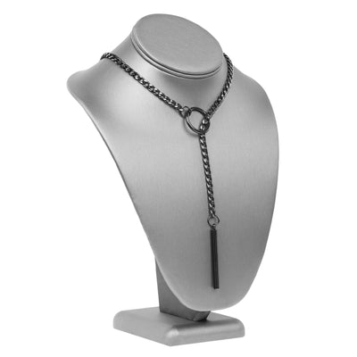 Necklace on a gray jewelry display stand against a white background