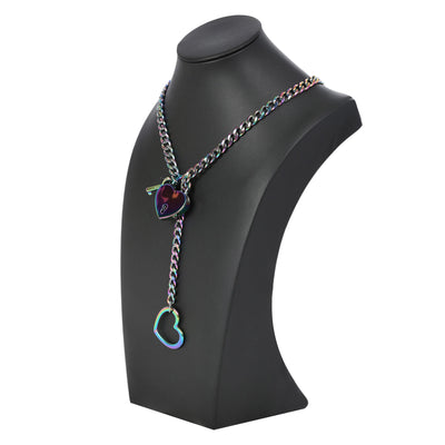 Necklace with heart-shaped charms on a black mannequin bust against a white background