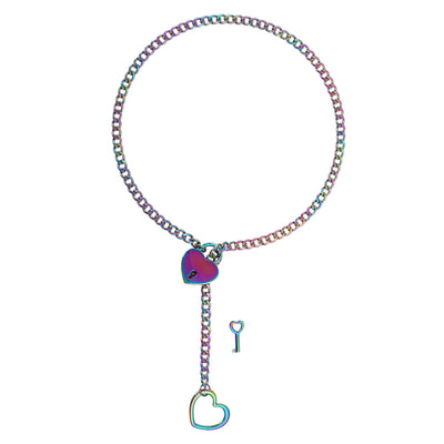 Multicolored chain necklace with heart and key pendants on a white background