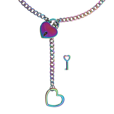Multicolored chain necklace with heart lock and key pendants on a white background