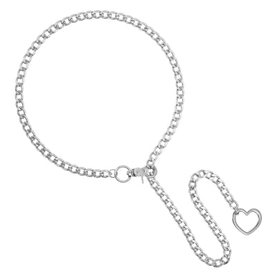 Silver chain with a heart-shaped clasp on a white background