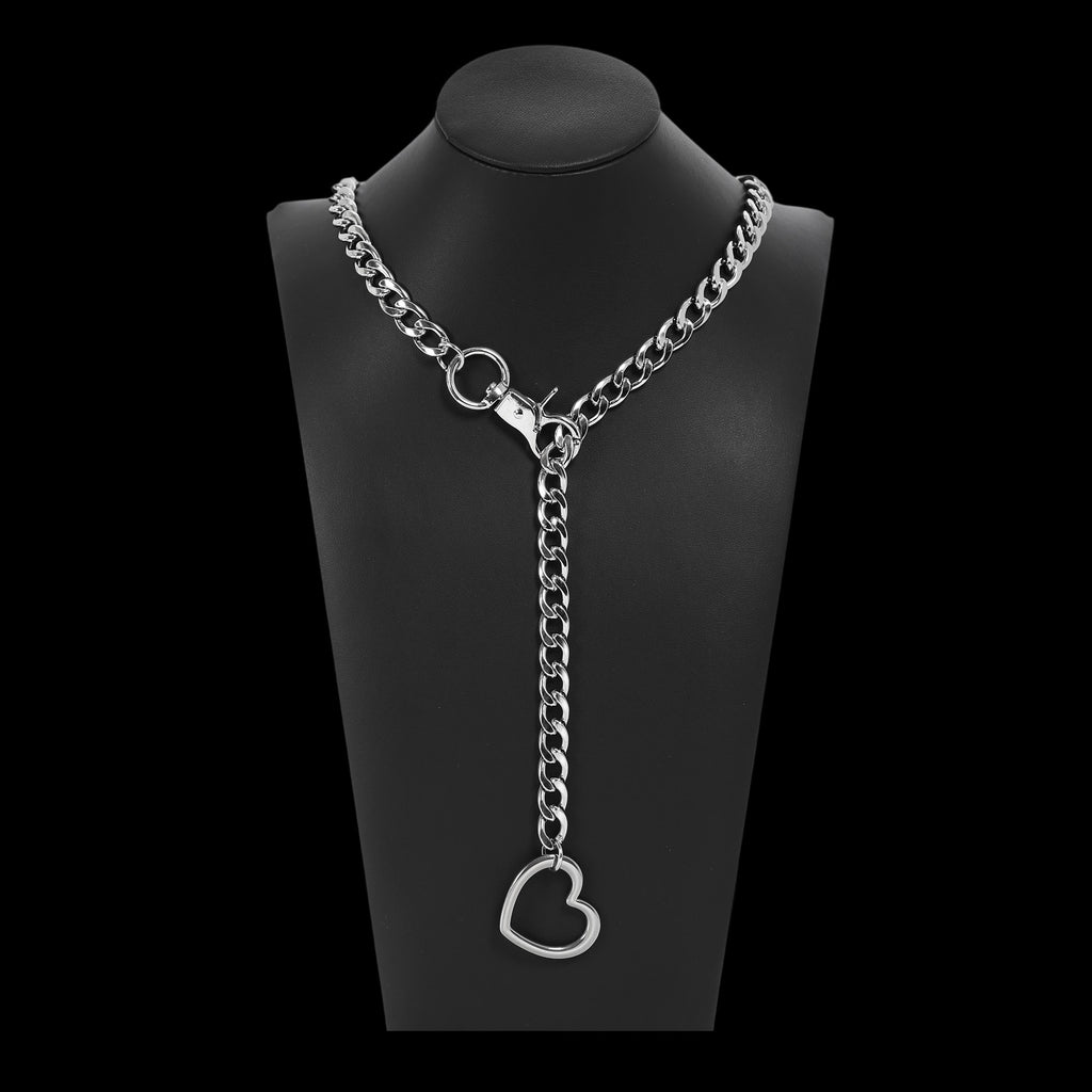 Silver Heart Chain Choker Collar with Heart Pendant by Metal Pleasure Play