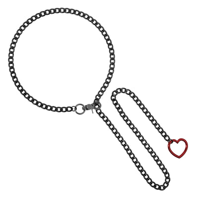 Black chain leash with a red heart-shaped tag on a white background