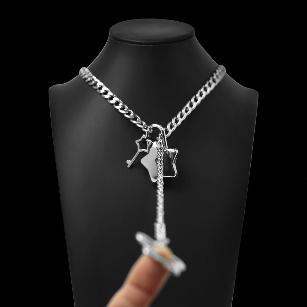 Silver Star Lock Chain Choker Day Collar by LoveLinks