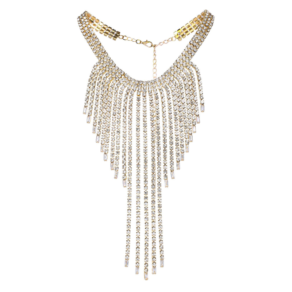 Gold Rhinestone Waterfall Tassel Fringe Statement Necklace