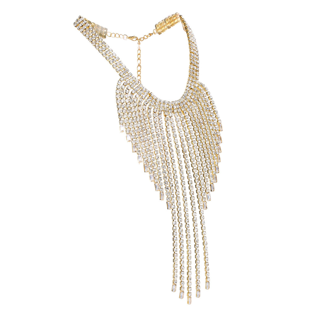 Gold Rhinestone Waterfall Tassel Fringe Statement Necklace