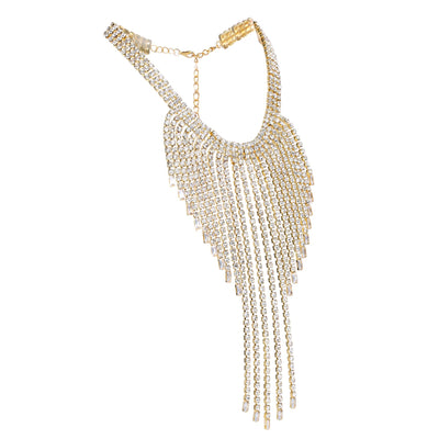 Gold Rhinestone Waterfall Tassel Fringe Statement Necklace