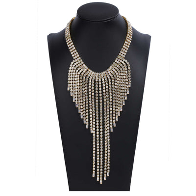 Gold Rhinestone Waterfall Tassel Fringe Statement Necklace