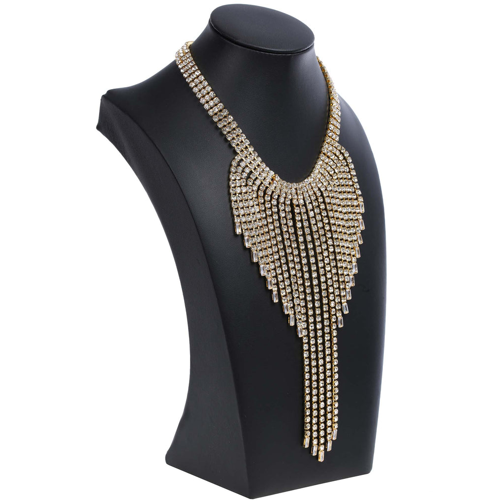 Gold Rhinestone Waterfall Tassel Fringe Statement Necklace