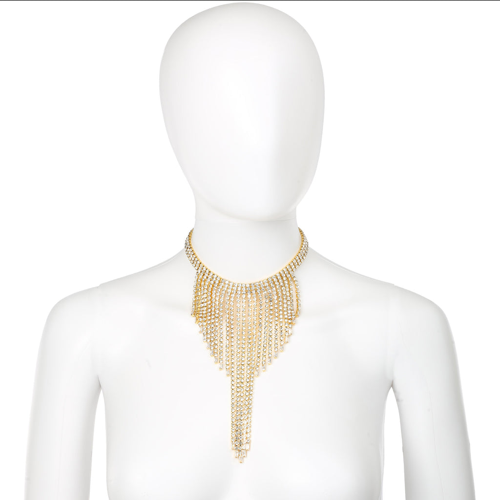 Gold Rhinestone Waterfall Tassel Fringe Statement Necklace