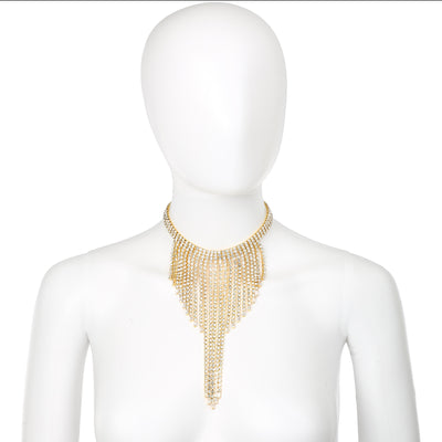 Gold Rhinestone Waterfall Tassel Fringe Statement Necklace