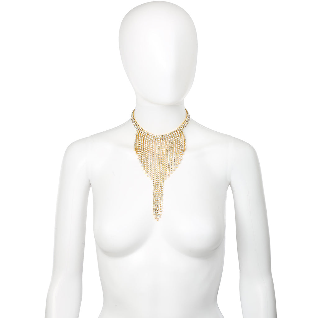 Gold Rhinestone Waterfall Tassel Fringe Statement Necklace