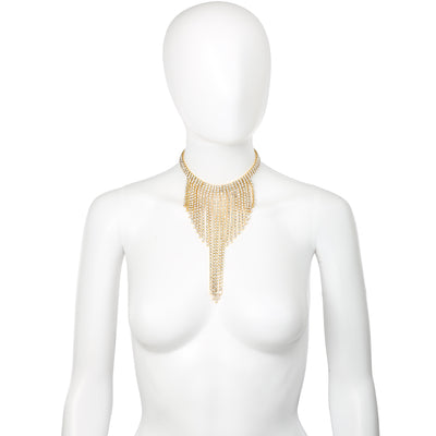 Gold Rhinestone Waterfall Tassel Fringe Statement Necklace