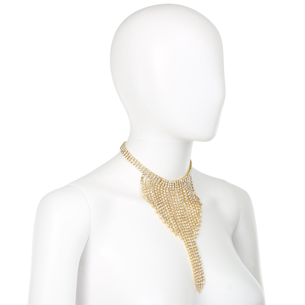 Gold Rhinestone Waterfall Tassel Fringe Statement Necklace